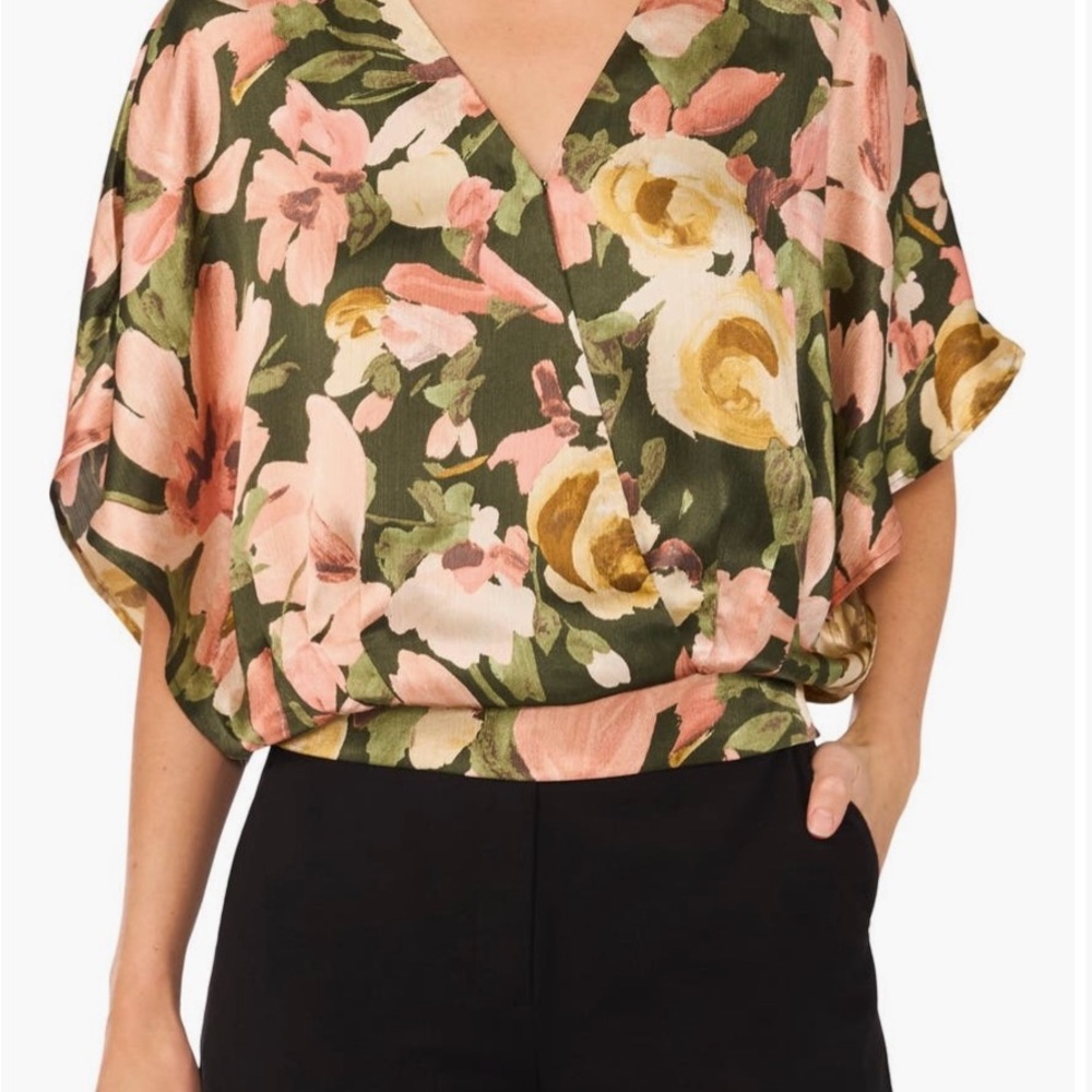 Halogen Floral Faux Wrap Satin Blouse - Pink and Olive